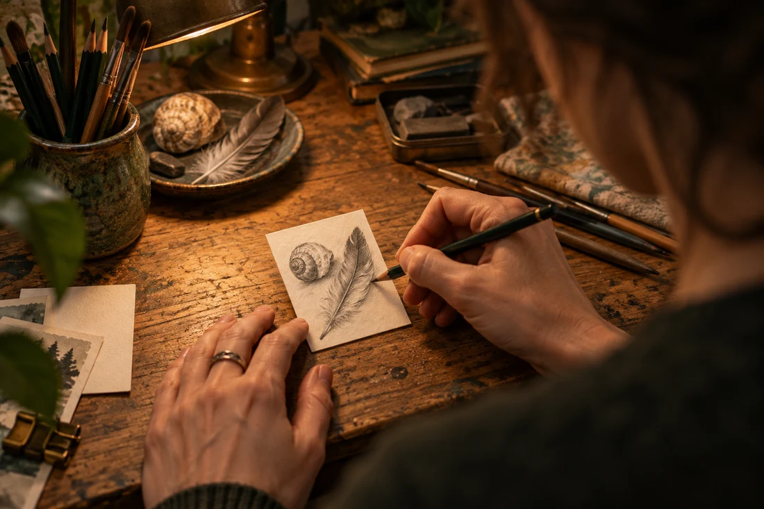 Over an artist’s shoulder, a shell and feather ATC takes shape in pencil beneath a warm desk lamp