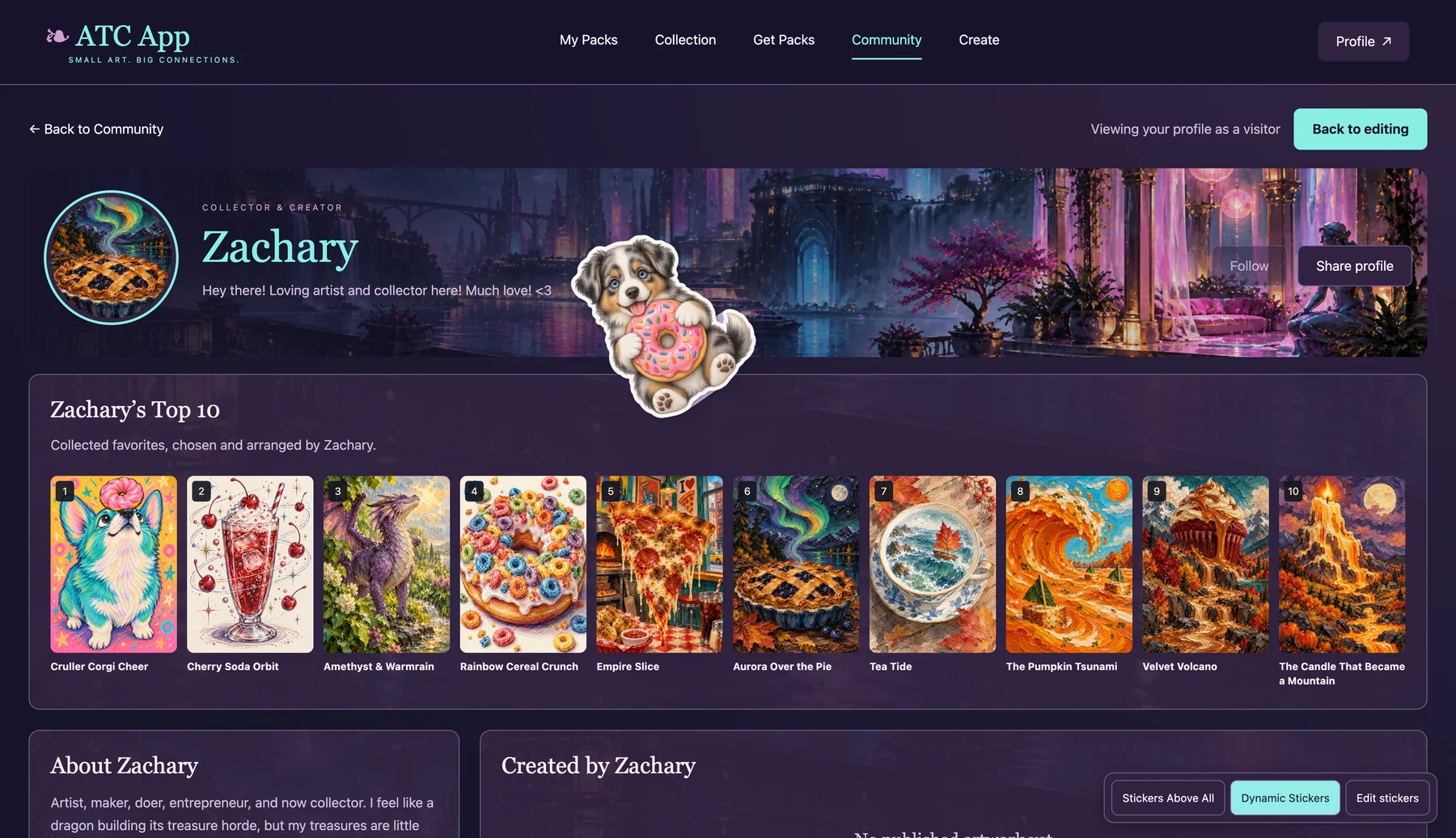 Zachary’s profile with a purple fantasy theme, a puppy donut sticker, and ten favorite collected artworks